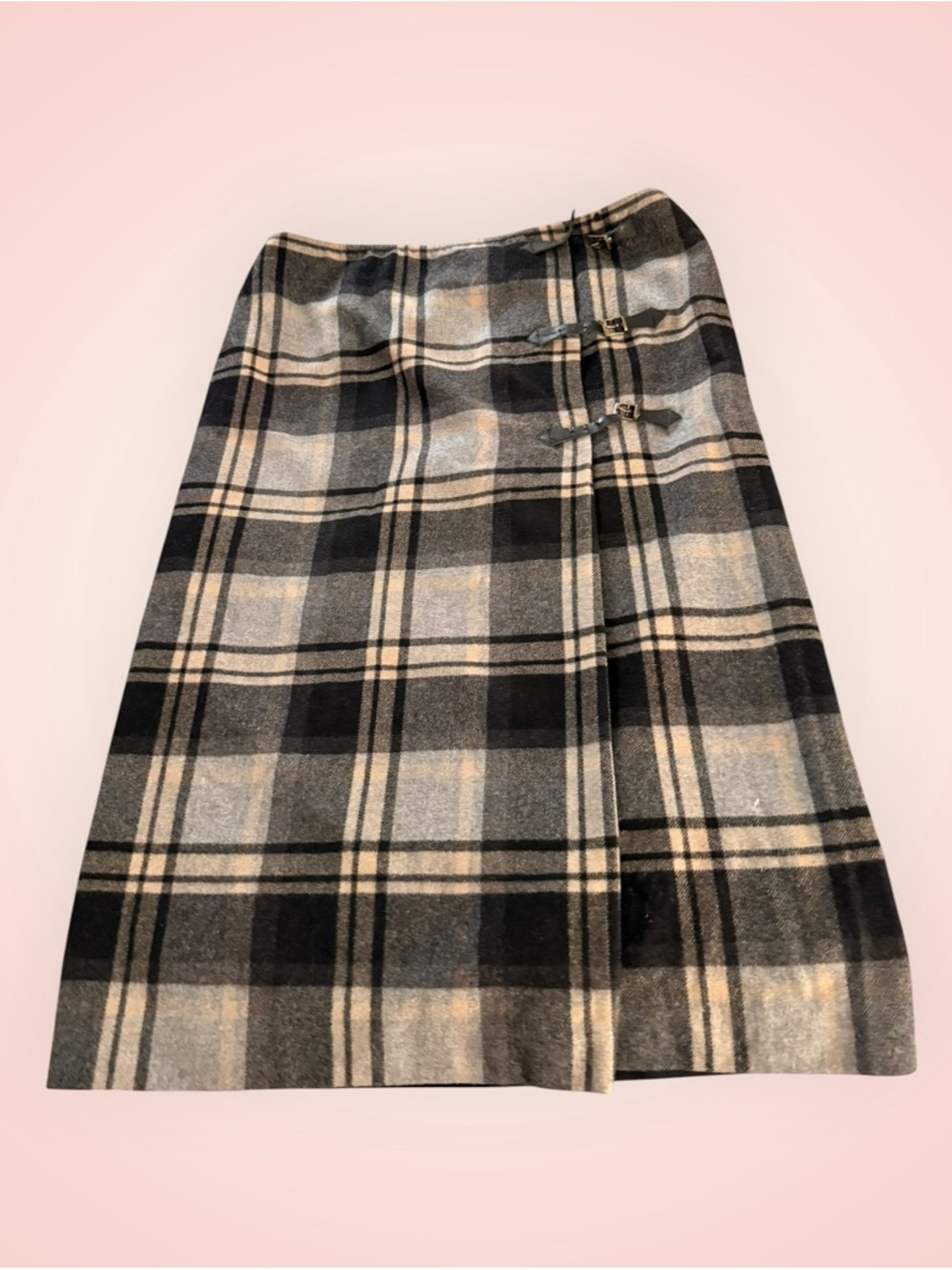 Jones Wear Plaid Wool-Blend Midi Skirt in Black and Gray sz 14